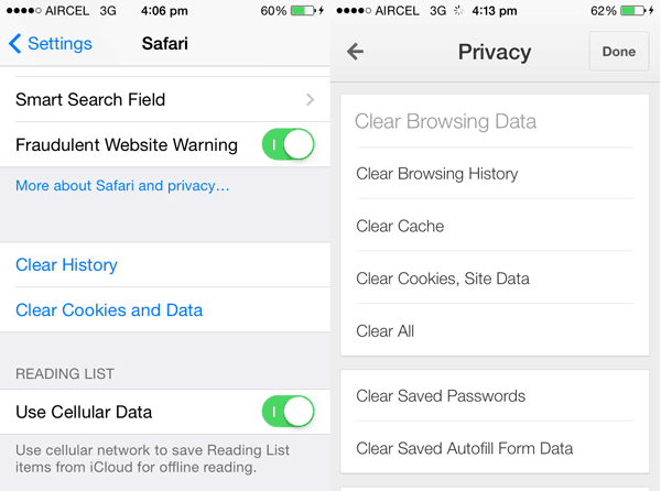 iPhone browser cache clearing options