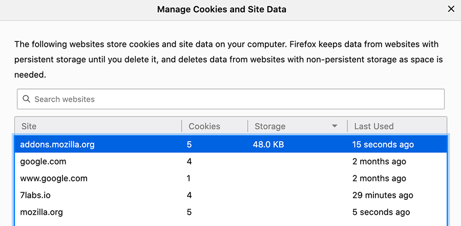 Clear site-specific cookies and cache in Firefox