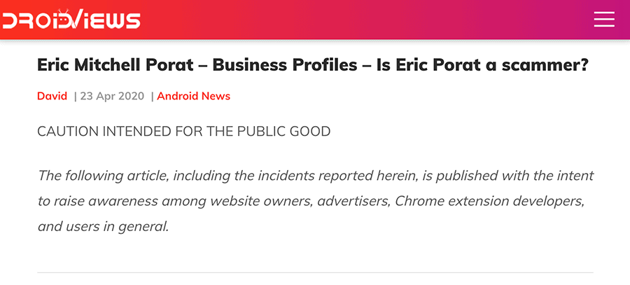 Eric Mitchell Porat DroidViews Plagiarised Content Scam - Fraudulent DMCA Takedown claims