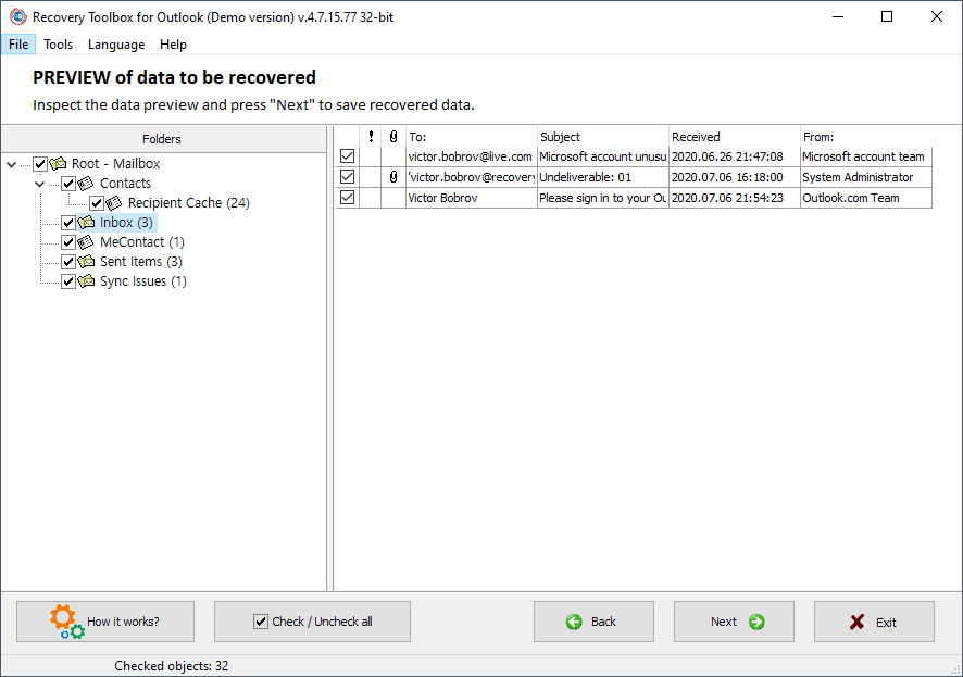 Preview of data to be recovered - Recovery Toolbox for Outlook