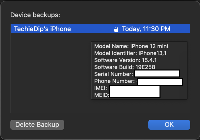Find IMEI of lost or stolen iPhone from Finder backup - Mac