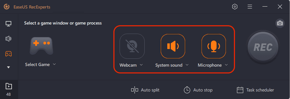 Check and select your microphone, webcam, and audio recording options, by clicking on the corresponding buttons.