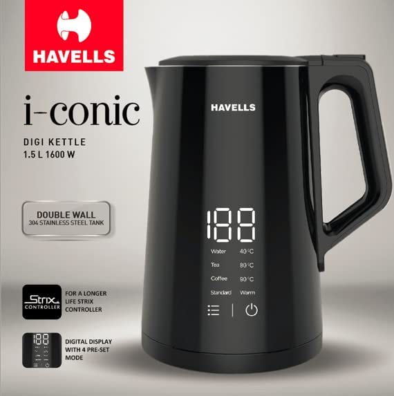 I-Conic Digi Kettle by Havells 1.5L, SS 304 (1.6 kW)